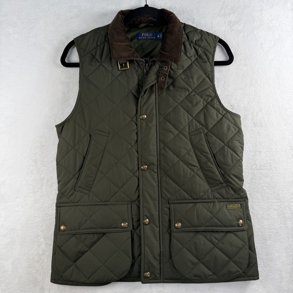 Polo Ralph Lauren Quilted Vest Full Zip & Snap Corduroy Collar Buckle Wonens M